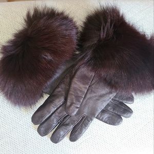 Fox Fur Trimmed Gloves with Lambskin and Wool - Size 7.5